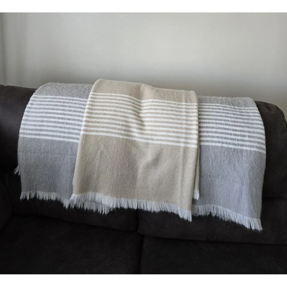 Lot Of 3 Pottery Barn Modern Fringe Farmhouse Striped Throw Blankets 50